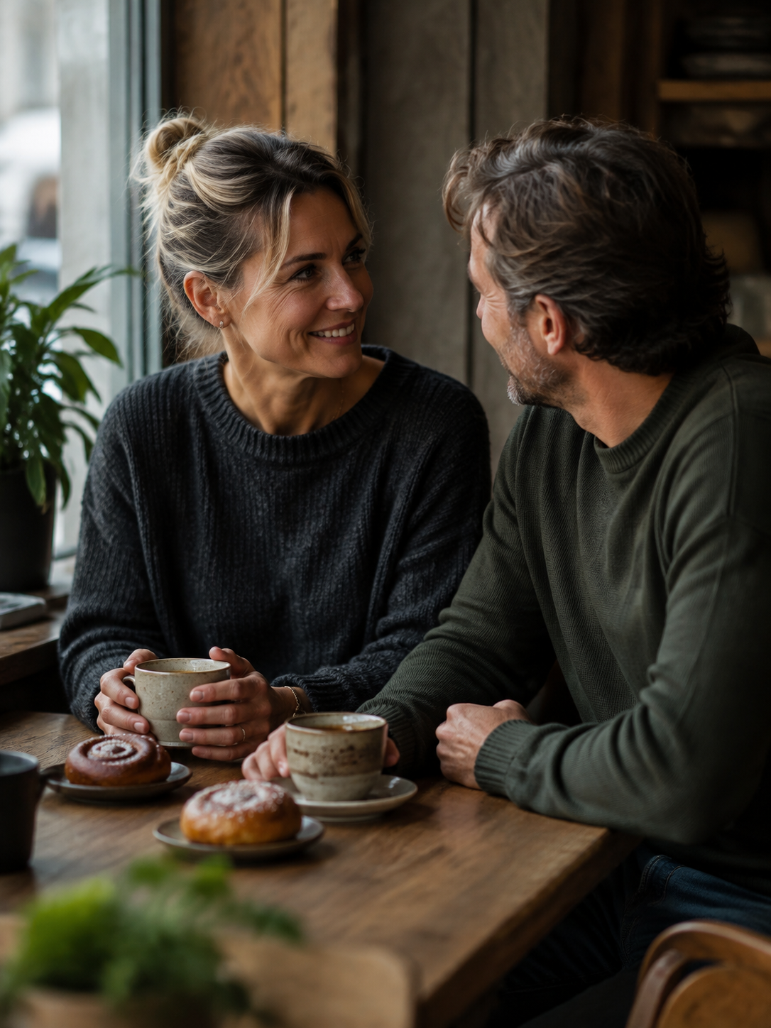 Ett moget par som fikar och samtalar på ett nordiskt kafé