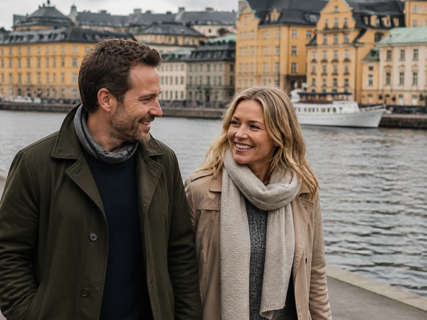 Ett par som promenerar vid vattnet i Stockholm
