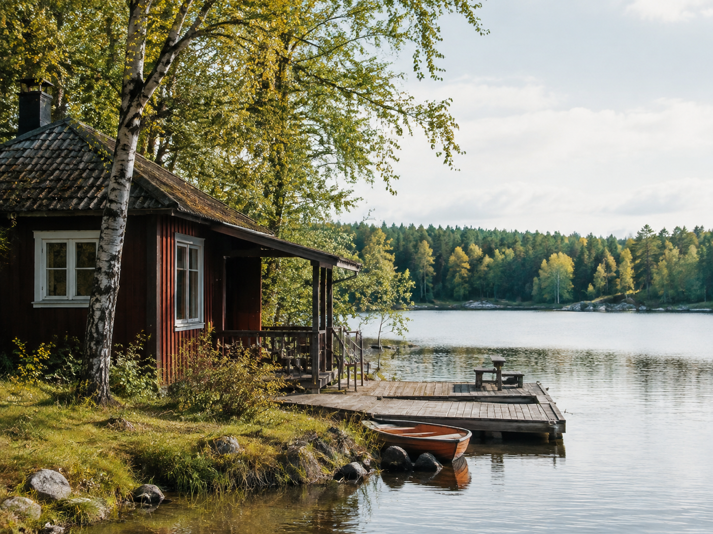 En stillsam trästuga vid en svensk sjö