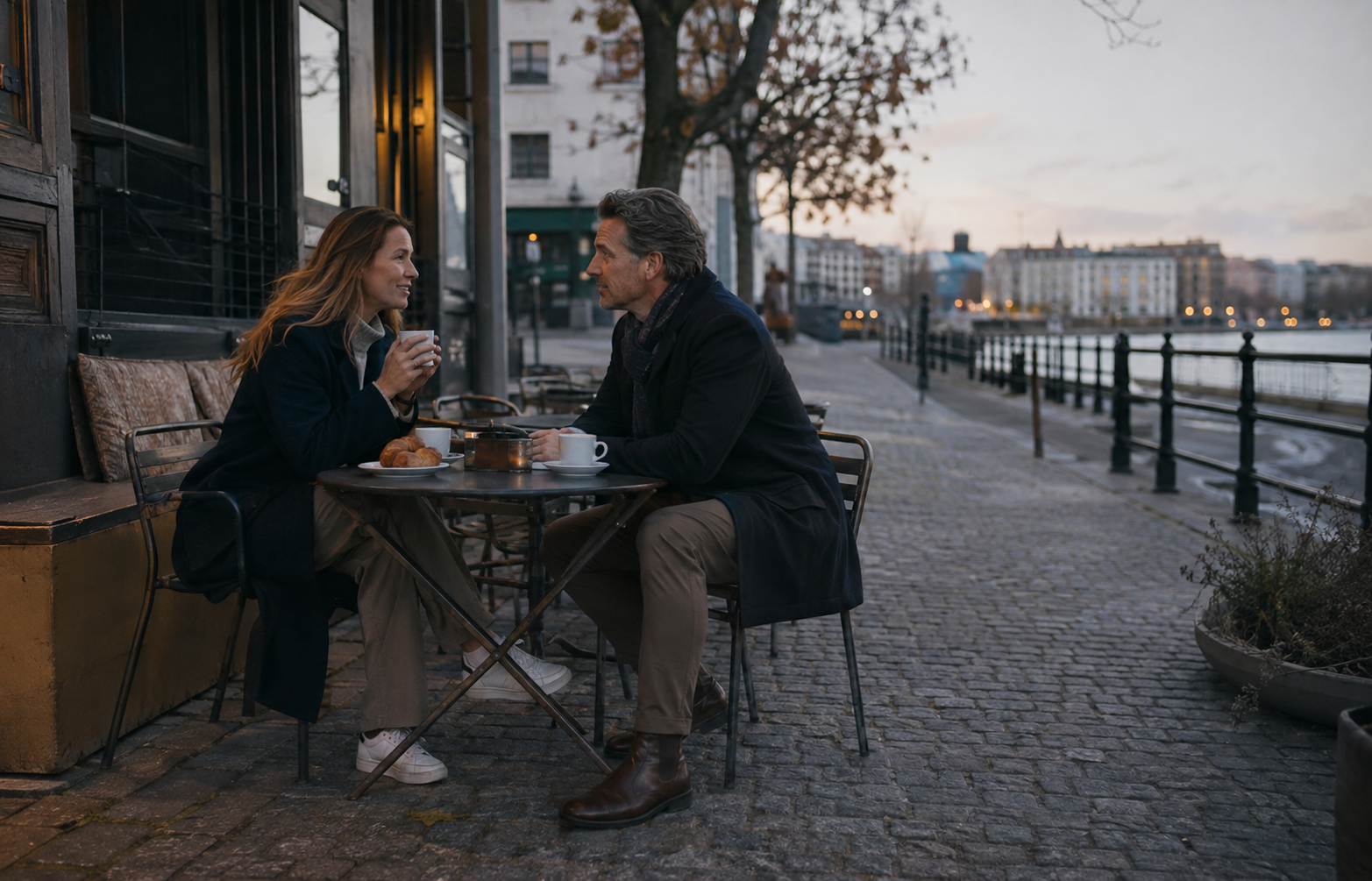 Ett par på en avslappnad fikadejt vid vattnet i Sverige